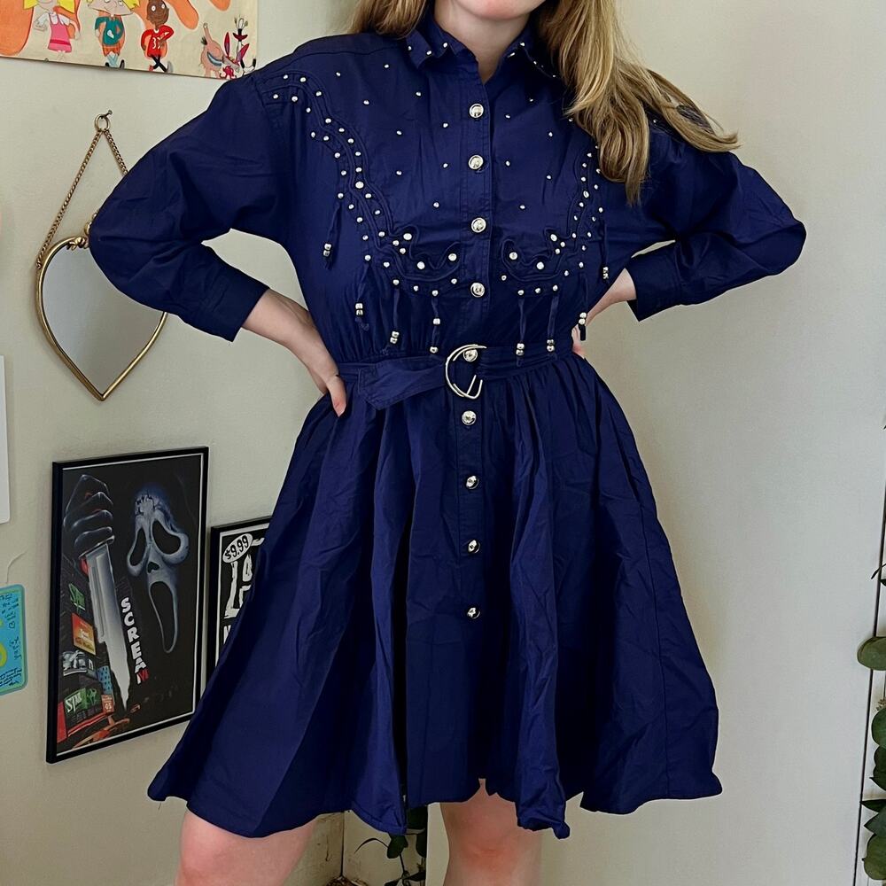 Vintage 1980s d.Frank Petites Navy Blue Bedazzled Dress Size 4 Western Cowgirl